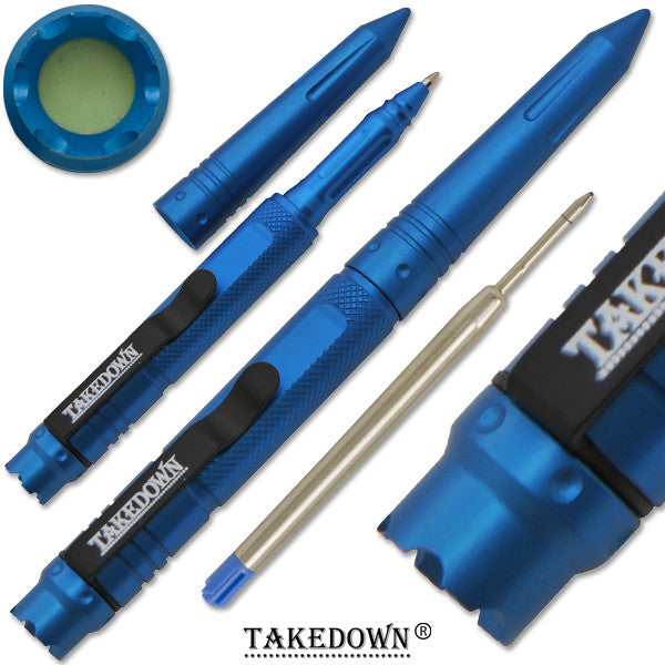 6 Inch TAKEDOWN Tactical Pen w/ Clip- Metallic Blue Finish, , Panther Trading Company- Panther Wholesale