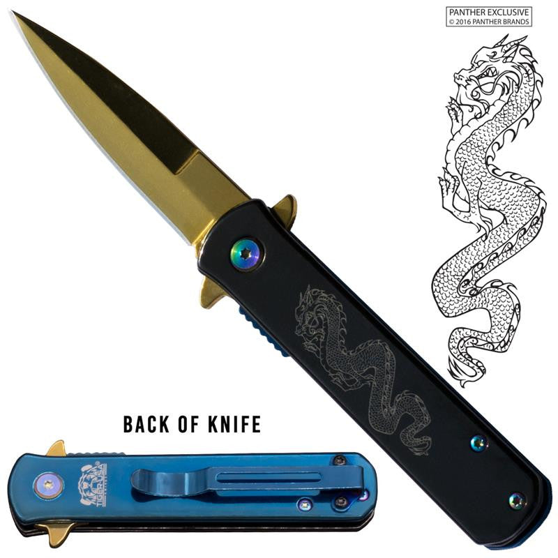 Tiger USA® Folding knife w/clip (Gold & Black Color) Dragon, , Panther Trading Company- Panther Wholesale
