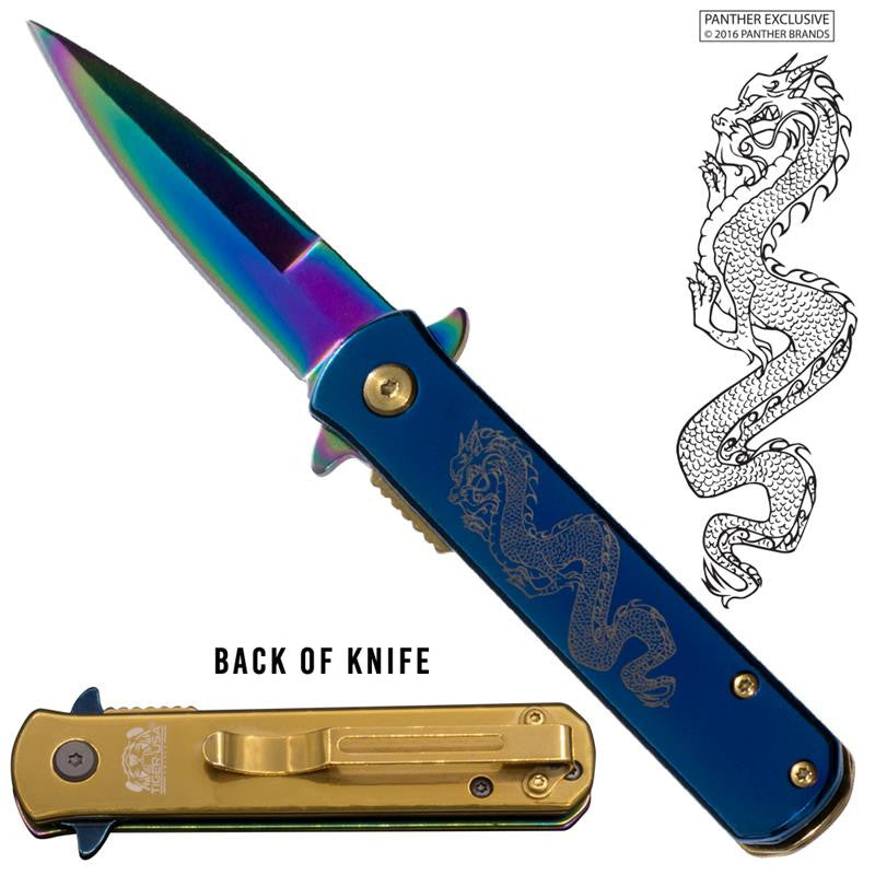 Tiger USA® Folding knife w/clip (Rainbow & Blue Color) Dragon, , Panther Trading Company- Panther Wholesale
