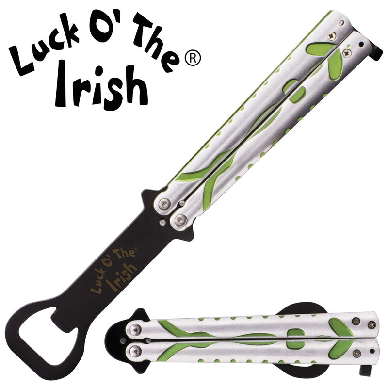 Luck O' The Irish 8.5 Inch Bartender Butterfly Folder (Silver, Black, Green), , Panther Trading Company- Panther Wholesale