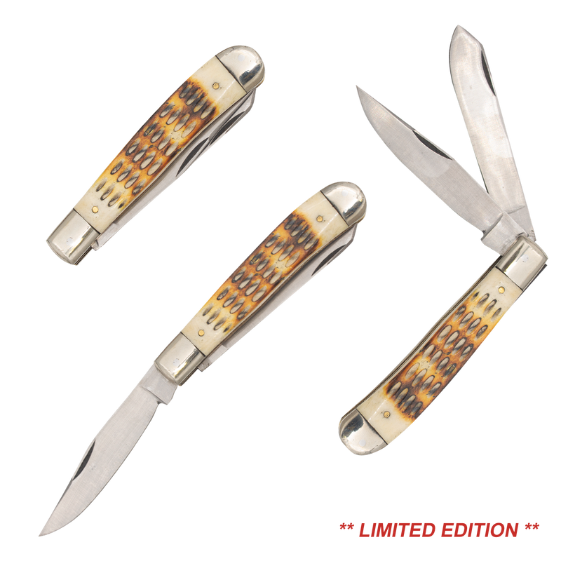 7 Inch Pocket Knife w/ 2 Stainless Steel Blades- Scored Burnt Bone Handle