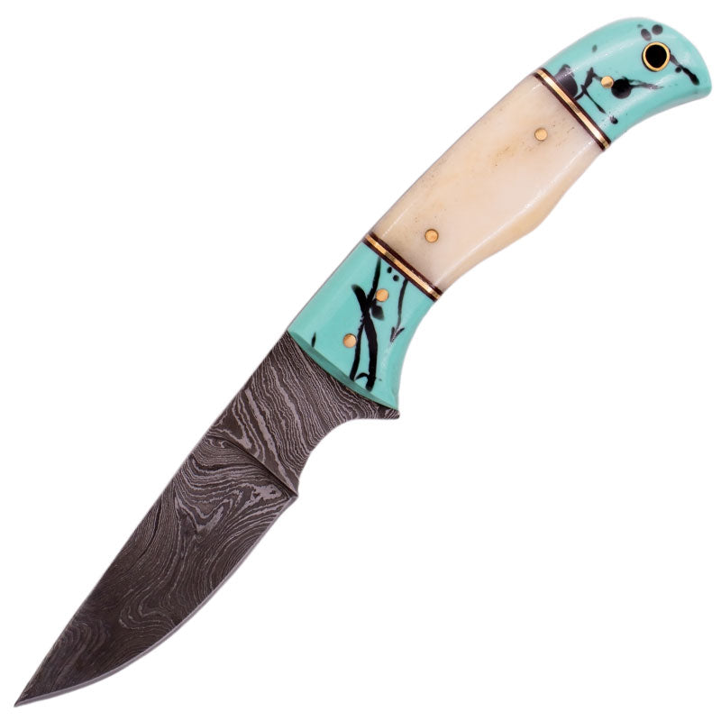 9'' FULL TANG REAL DAMASCUS HUNTING KNIFE BONE HANDLE BLUE