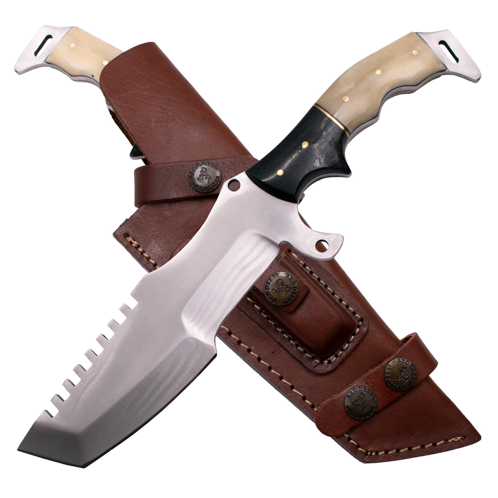 12'' D2 Full Tang Bushcraft Survival Tracker Combat Hunting Knife with Bone Handle and Cowhide Leather Sheath