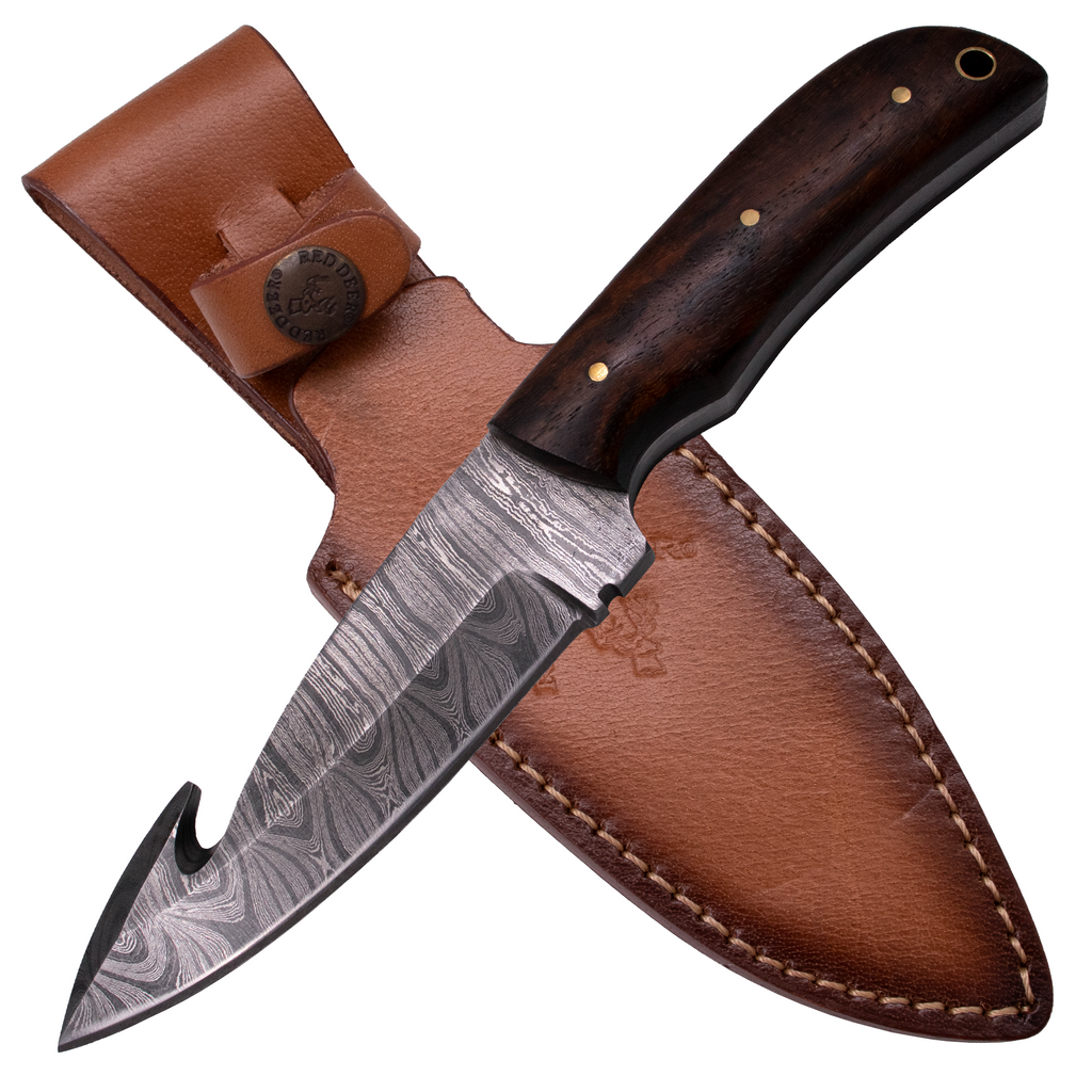 8.5'' Full Tang Gut Hook Damascus Hunting Knife Wood Handle