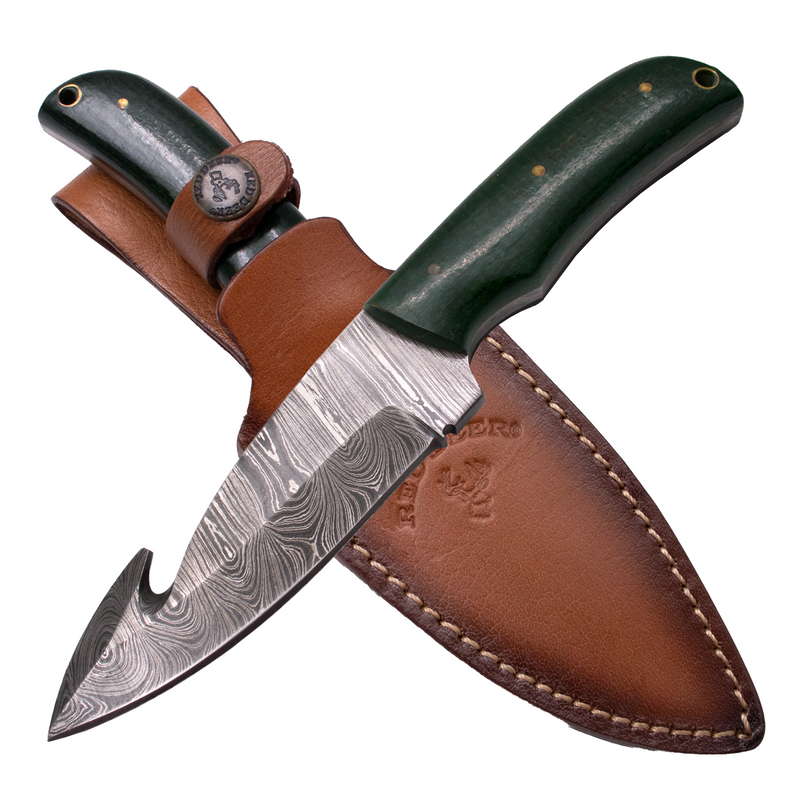 8.5'' Full Tang Gut Hook Damascus Hunting Knife Green Wood Handle