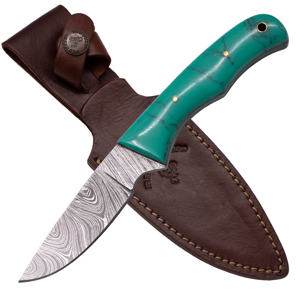 9" Full Tang Damascus Steel Hunting Knife Turquoise Handle