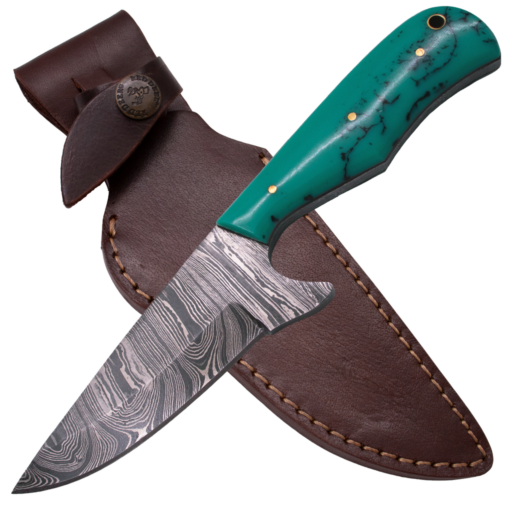 9'' Full Tang Damascus Hunting Knife Micarta Resin Turquoise Handle