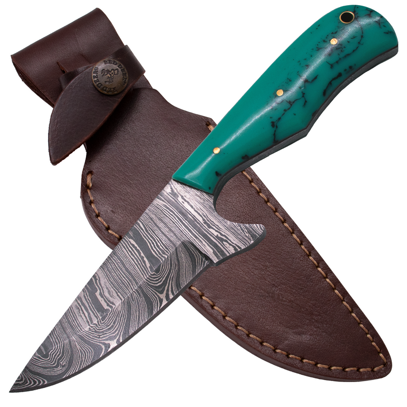 9'' Full Tang Damascus Hunting Knife Micarta Resin Turquoise Handle