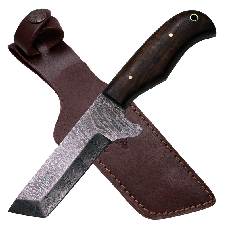 9" Tanto Full Tang Damascus Steel Knife With Wood Handle