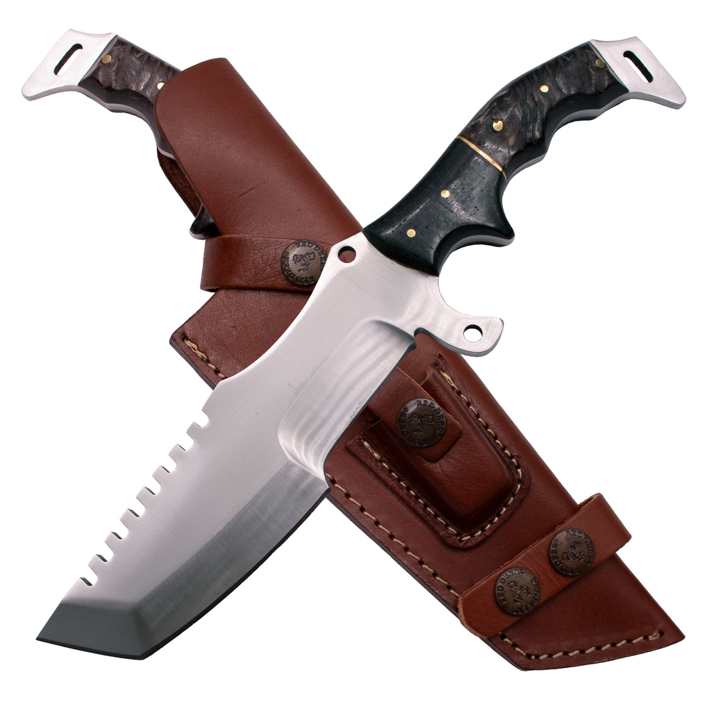 12'' D2 Full Tang Bushcraft Survival Tracker Combat Hunting Knife with Black Bone Handle and Cowhide Leather Sheath