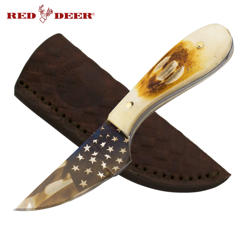 4 3/4in Red Deer Hunting Neck Knife with Burnt Bone Chipped Handle and Flag, , Panther Trading Company- Panther Wholesale