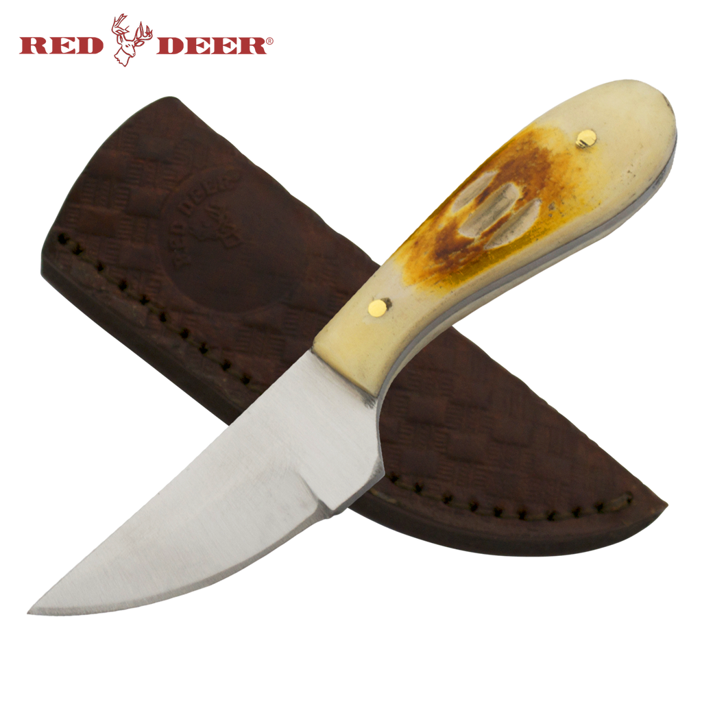 4 3/4in Red Deer Hunting Neck Knife with Burnt Bone Chipped Handle, , Panther Trading Company- Panther Wholesale