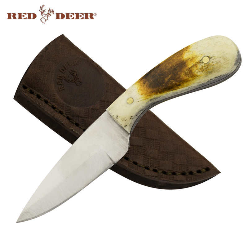 4 1/2in Red Deer Hunting Neck Knife with Burnt Bone Handle and Curved Drop Point, , Panther Trading Company- Panther Wholesale