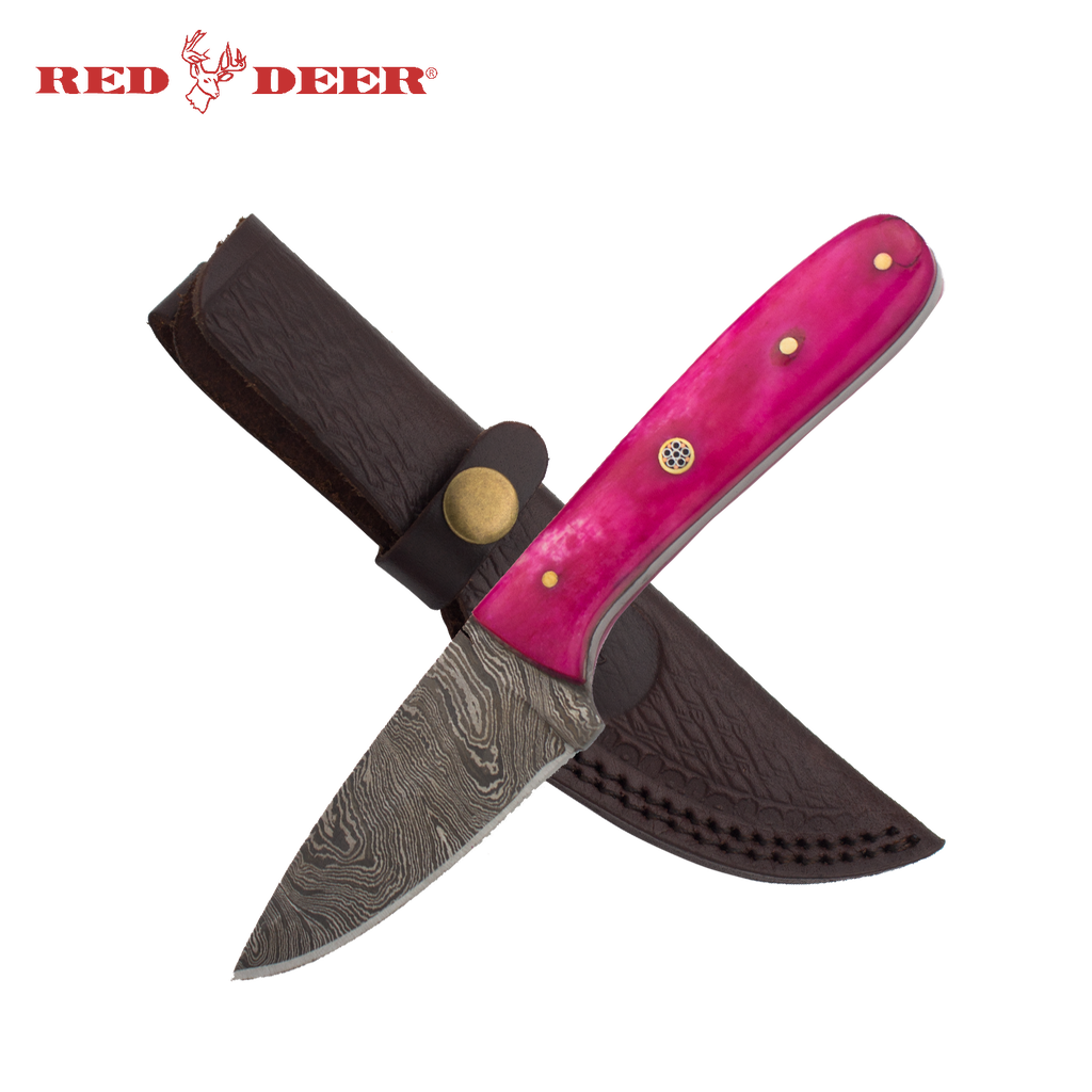 Red Deer® Damascus Hunting Knife Real Smooth Pink Bone with Leather Sheath, , Panther Trading Company- Panther Wholesale