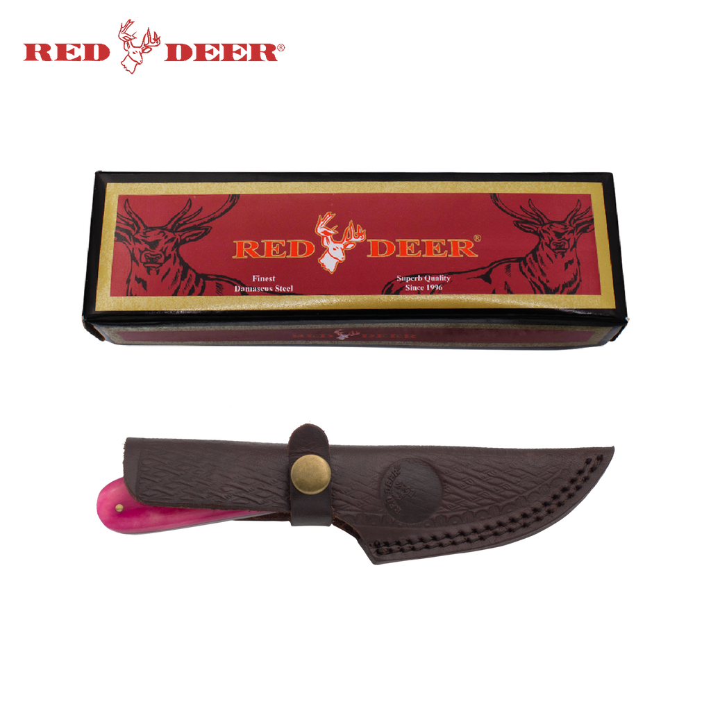 Red Deer® Damascus Hunting Knife Real Smooth Pink Bone with Leather Sheath, , Panther Trading Company- Panther Wholesale