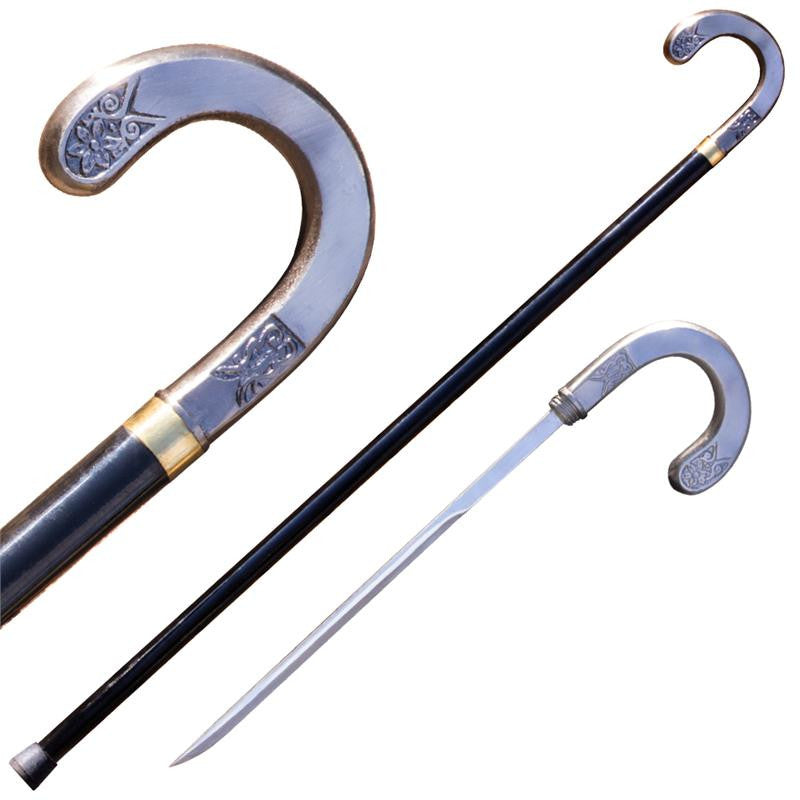 38.5 in Silver Crook Walking Cane (Hidden Sword), , Panther Trading Company- Panther Wholesale