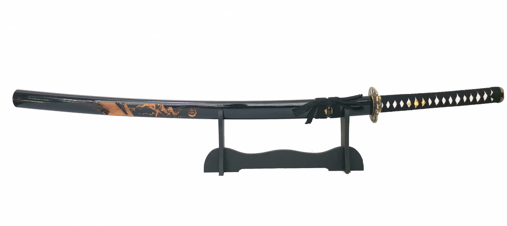 Steel Battle Ready Katana Silver Blade - BLACK Free Stand
