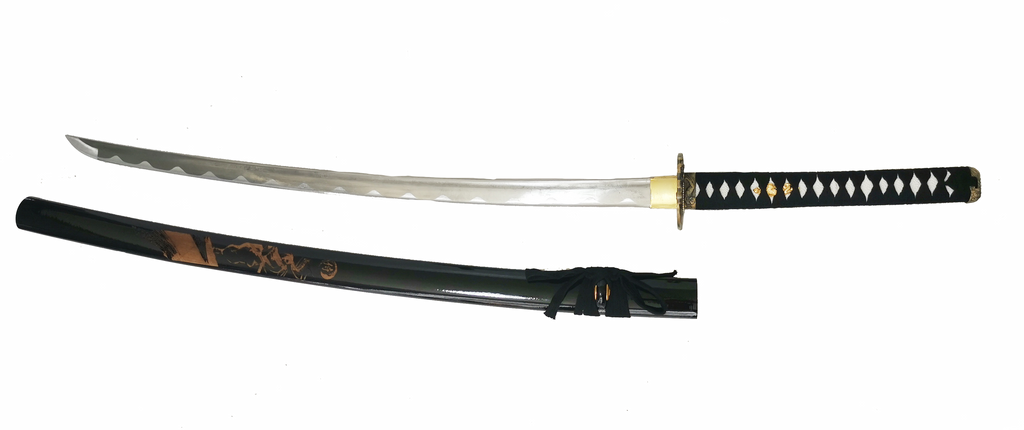 Steel Battle Ready Katana Silver Blade - BLACK Free Stand