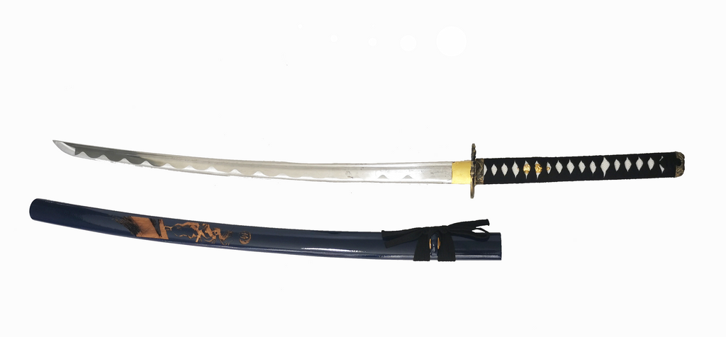 Steel Battle Ready Katana Silver Blade - DARKBLUE/WHITE Free Stand