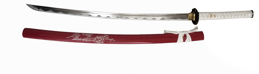 Steel Battle Ready Katana Silver Blade - RED Free Stand