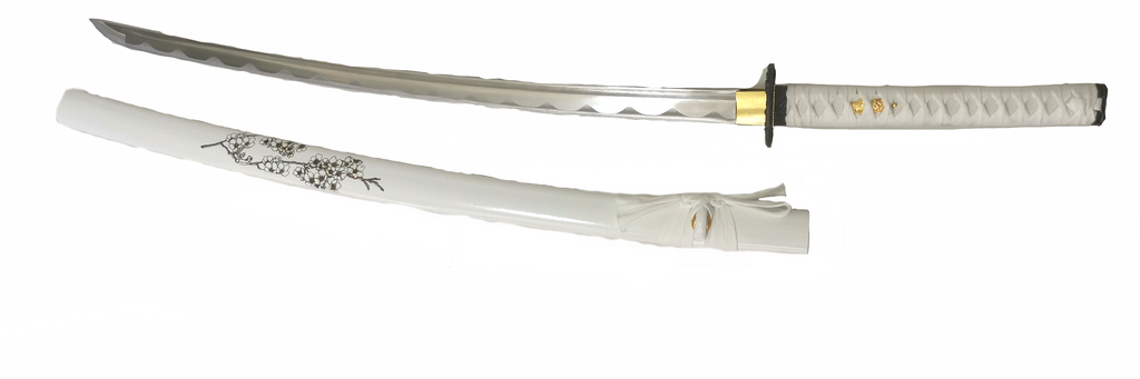 Steel Battle Ready Katana Silver Blade - WHITE Free Stand