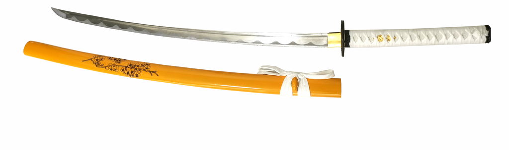 Steel Battle Ready Katana Silver Blade - YELLOW/WHITE Free Stand