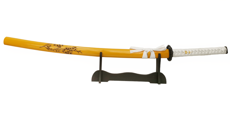 Steel Battle Ready Katana Silver Blade - YELLOW/WHITE Free Stand