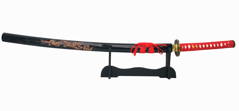 Steel Battle Ready Katana Silver Blade - RED/BLACK Free Stand
