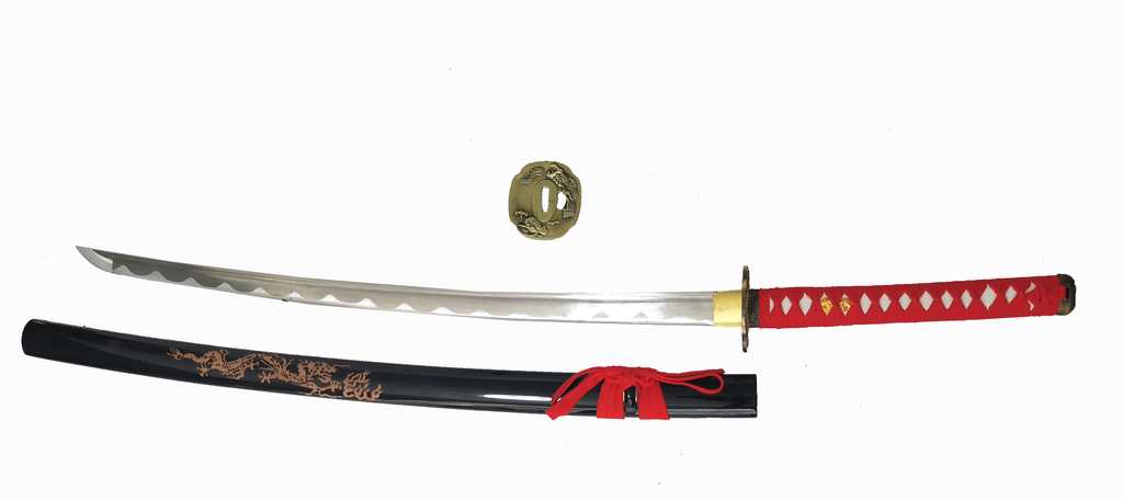Steel Battle Ready Katana Silver Blade - RED/BLACK Free Stand