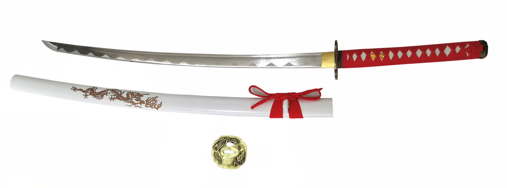 Steel Battle Ready Katana Silver Blade - RED/WHITE Free Stand