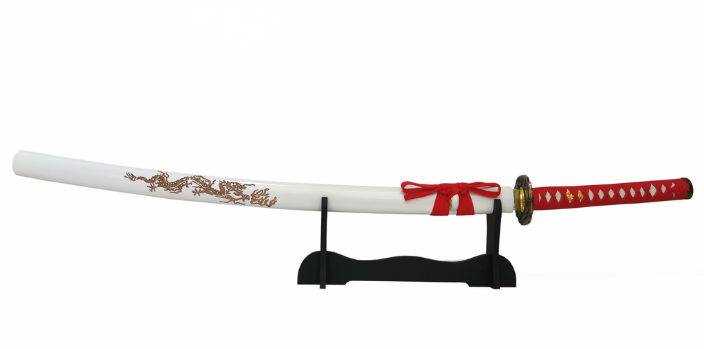 Steel Battle Ready Katana Silver Blade - RED/WHITE Free Stand
