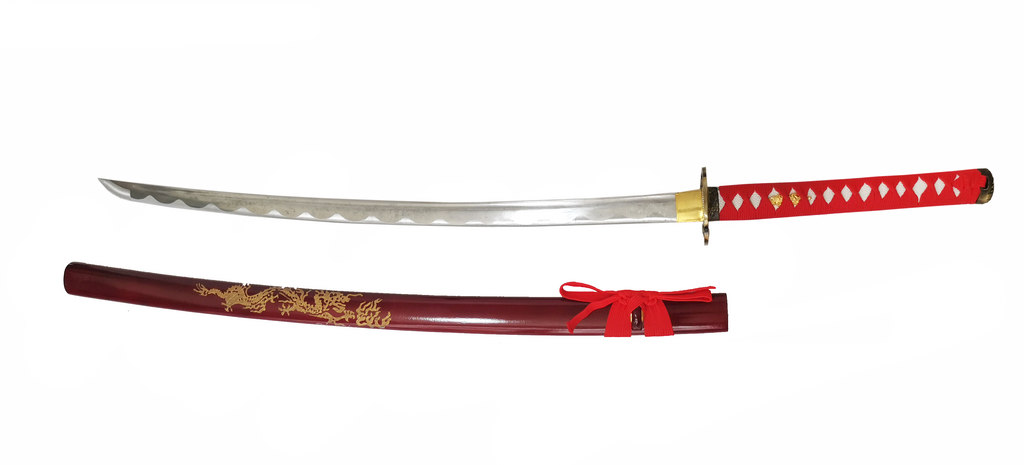 Steel Battle Ready Katana Silver Blade - RED Free Stand