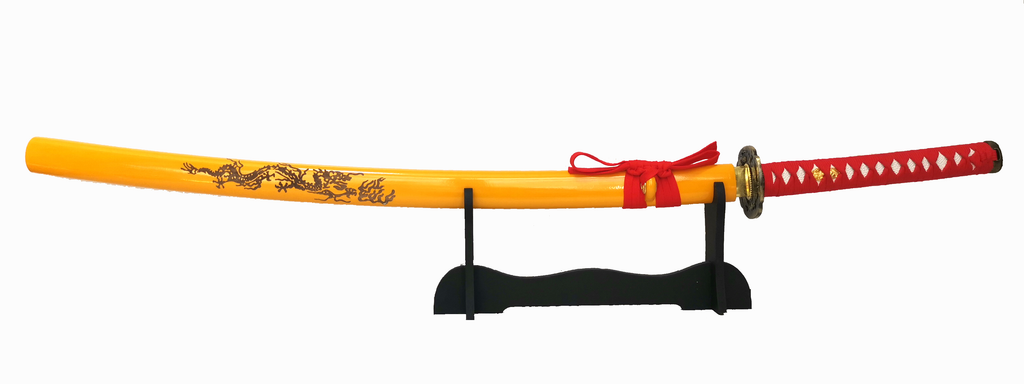 Steel Battle Ready Katana Silver Blade - RED/YELLOW Free Stand