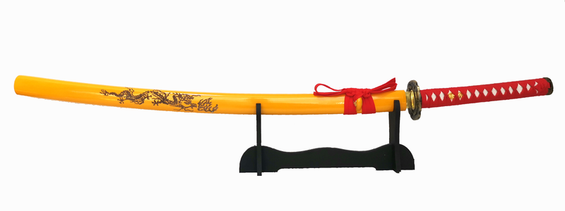 Steel Battle Ready Katana Silver Blade - RED/YELLOW Free Stand