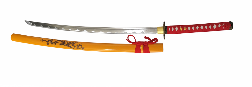 Steel Battle Ready Katana Silver Blade - RED/YELLOW Free Stand