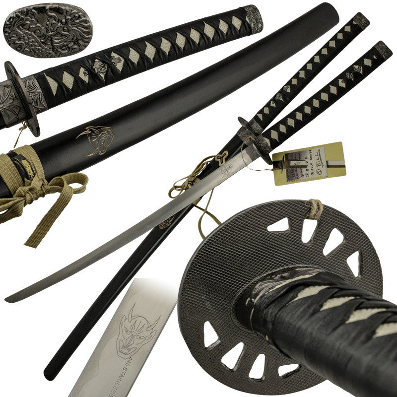 Black and Silver Katana Sword with Scabbard, , Panther Trading Company- Panther Wholesale