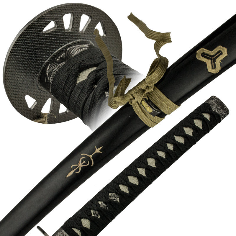 Black, Silver, and Gold Katana Sword with Chinese Writing and Scabbard, , Panther Trading Company- Panther Wholesale