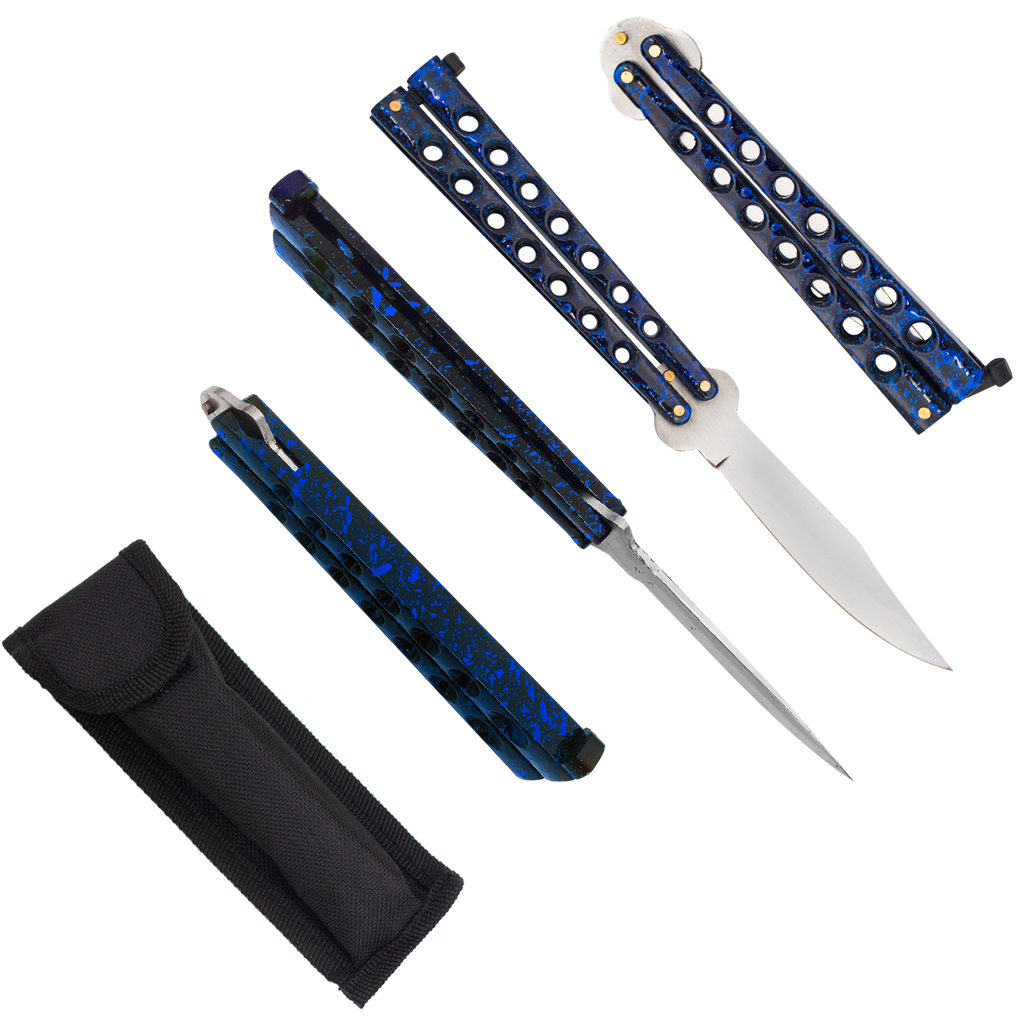 Heavy Duty Blue Splatter Drop Point Dual Flip side folding knife