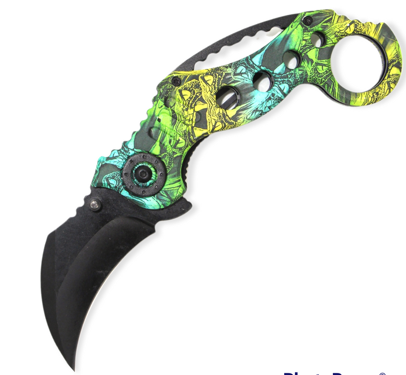 Tiger-USA Spring Assisted Knife -Green & Yellow Skull Cammo