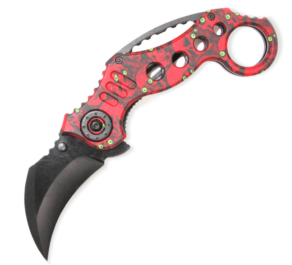 Tiger-USA Spring Assisted Knife -RED & BLACK Skull