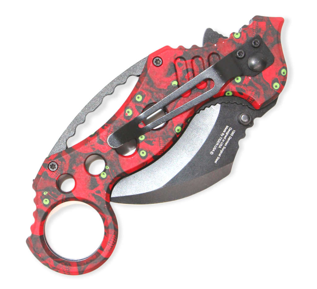 Tiger-USA Spring Assisted Knife -RED & BLACK Skull