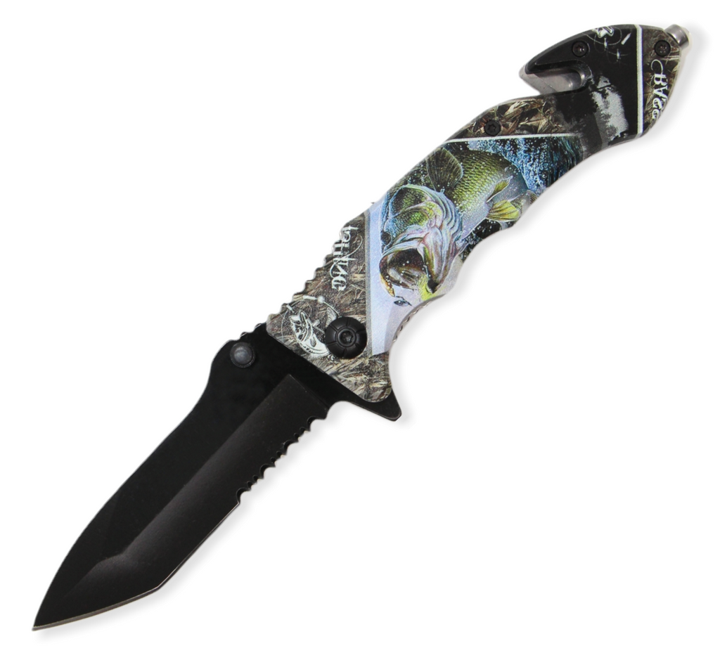 8.5 Inch Tiger USA Spring Assisted Knife Tanto - BASS FISH
