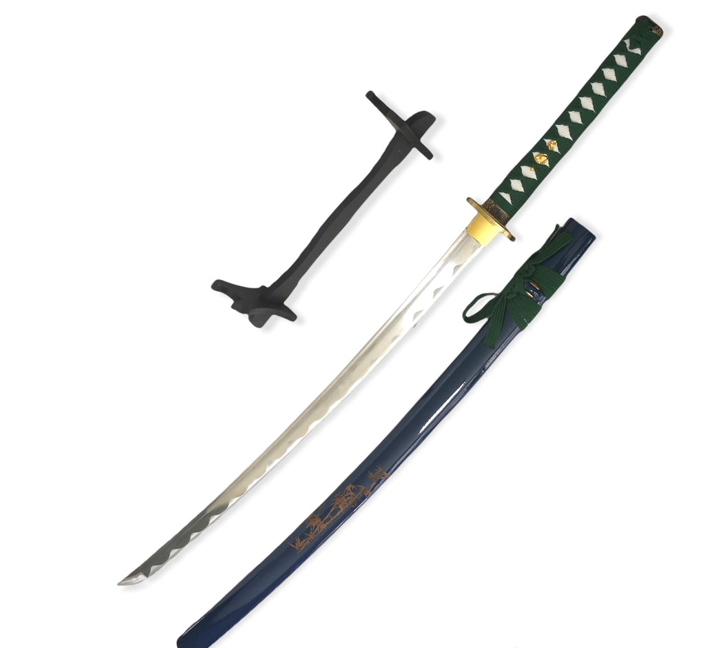 Steel Battle Ready Katana Silver Blade - BLUE  AND  GREEN   Free Stand