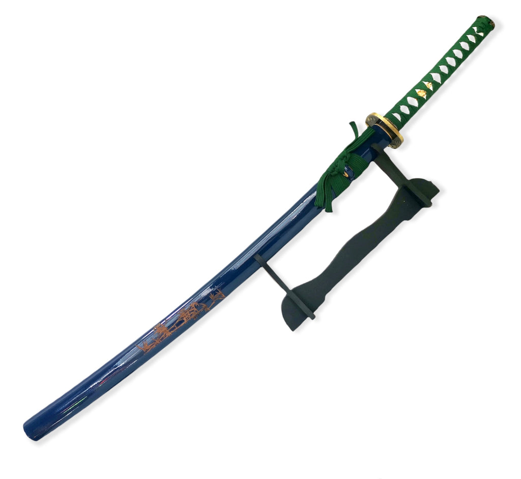 Steel Battle Ready Katana Silver Blade - BLUE  AND  GREEN   Free Stand