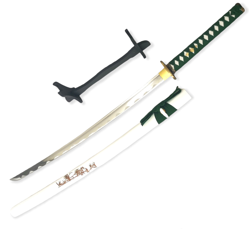 Steel Battle Ready Katana Silver Blade - WHITE   AND  GREEN   Free Stand