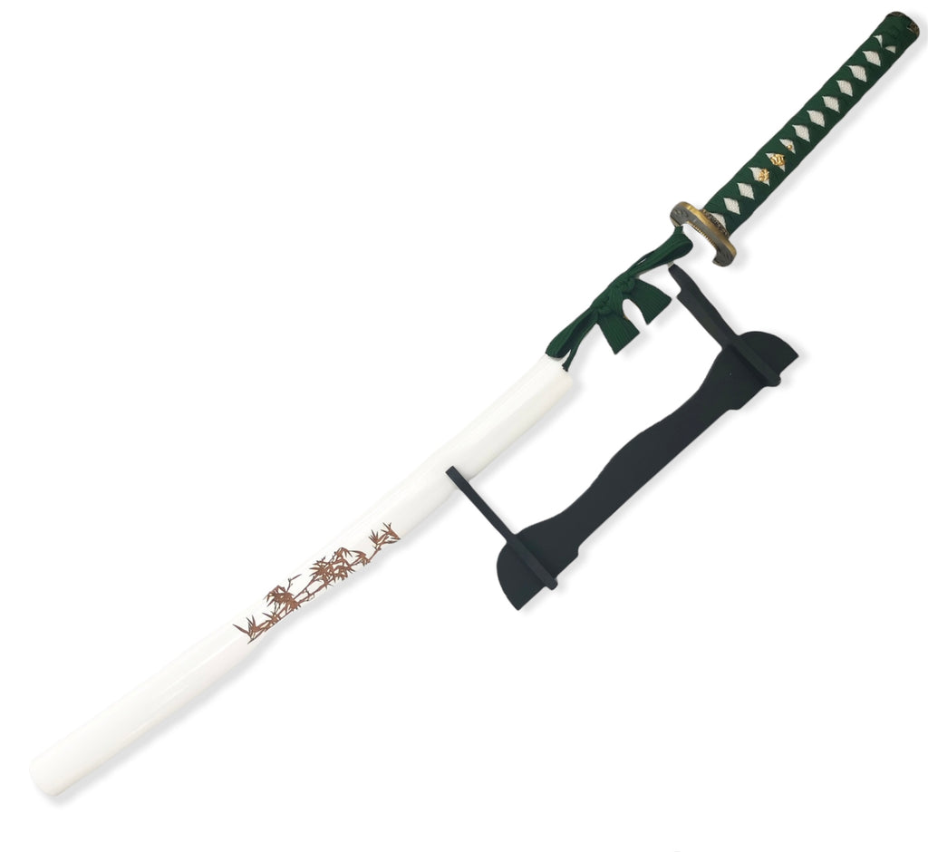 Steel Battle Ready Katana Silver Blade - WHITE   AND  GREEN   Free Stand