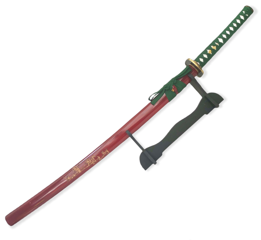 Steel Battle Ready Katana Silver Blade - RED  AND  GREEN   Free Stand