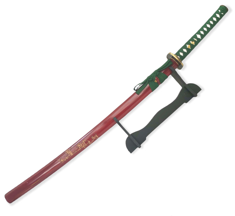 Steel Battle Ready Katana Silver Blade - RED  AND  GREEN   Free Stand