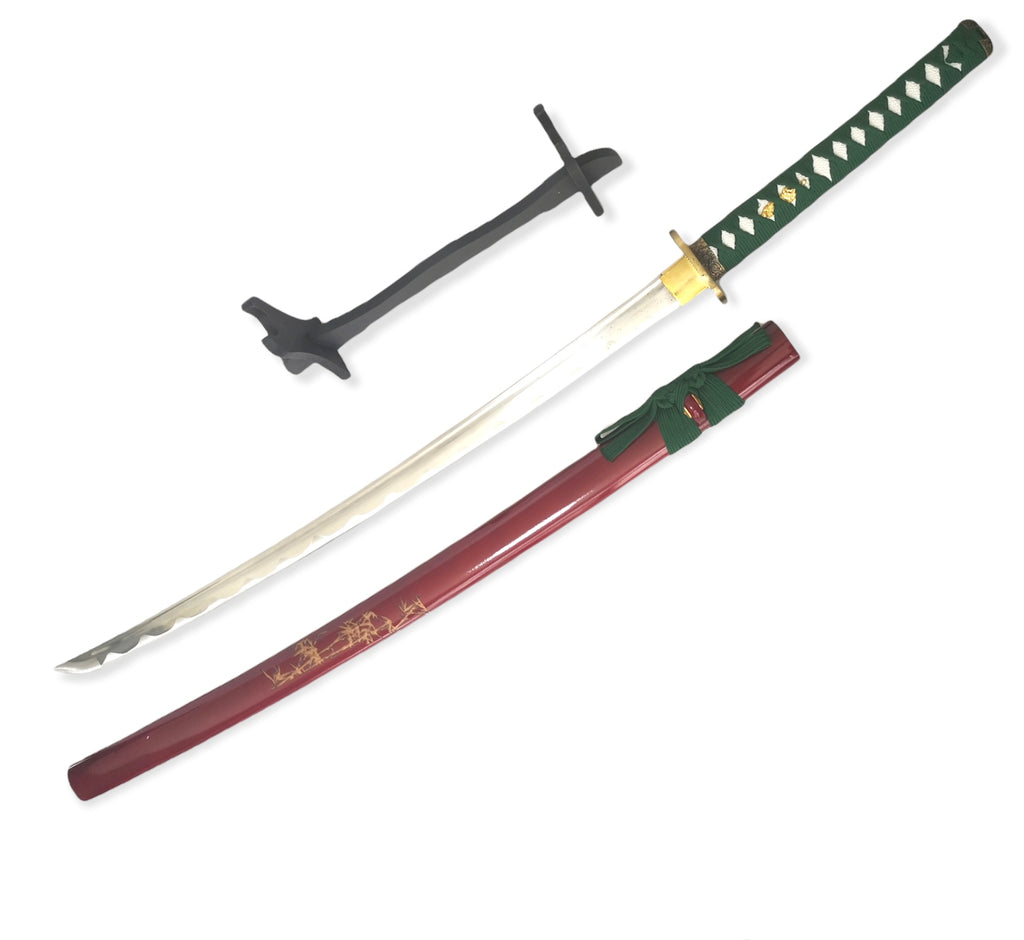 Steel Battle Ready Katana Silver Blade - RED  AND  GREEN   Free Stand