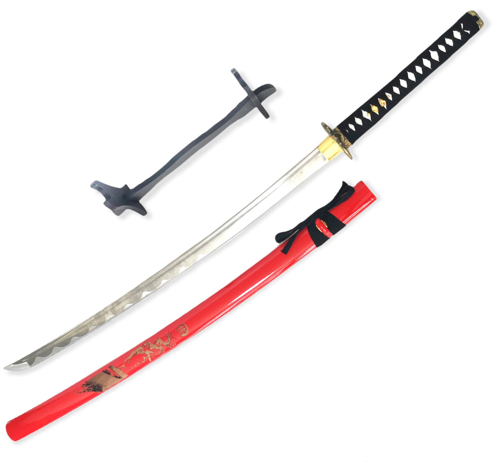 Steel Battle Ready Katana Silver Blade - BLACK Free Stand